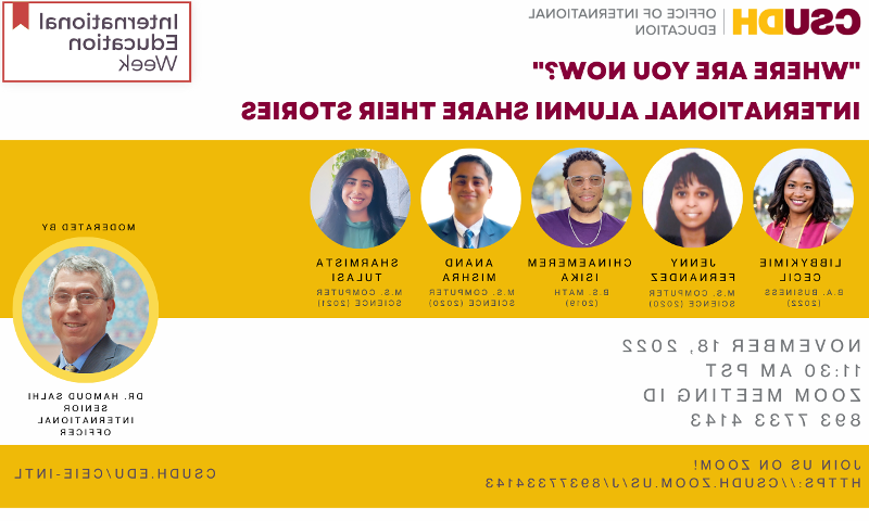 Five international alumni from CSUDH share their stories about studying at CSUDH and what they're doing now. This panel is moderated by CSUDH's Senior International Officer, Dr. Hamoud Salhi.